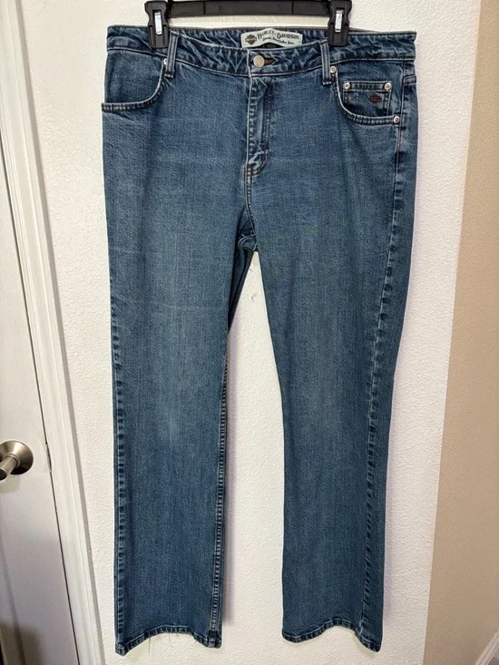 Harley-Davidson VTG Jeans Bootcut Women 14 Black Leather Patch 5 Pocket Zip fly - Picture 5 of 16